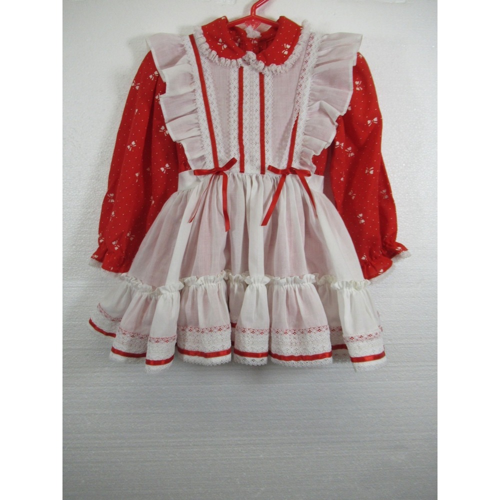 Vintage Mini World Frilly Pinafore Dress Girls 3T Red Ruffles Bows Lace Ribbon